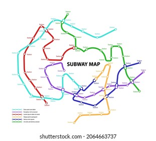 Subway map. Template of fictional town public transport scheme for underground transition road. Metro or bus abstract traffic pattern with circular heart shape color routes. Vector card illustration.
