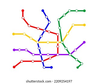 Subway map template. Metro scheme with 5 way lines. Infographic diagram of public rapid underground transport network with stations isolated on white background. Vector illustration