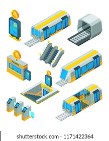 Subway metro elements. Entrance electric gates and signs train tunnel with escalator modern subway station isometric vector 3d pictures. Train metro, subway transport, urban traffic illustration