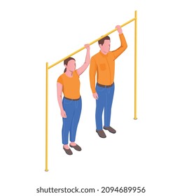 Composición isométrica del metro del subterráneo con caracteres humanos de pasajeros de pie portando ilustración vectorial del carril de mano