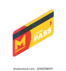 Subway metro isometric composition with isolated image of metro pass plastic card with magnetic stripe vector illustration