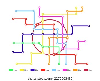 Plantilla de mapa del metro del metro del metro. Plan de transporte de cortesía - red de metro, tren o autobús. Concepto de ruta abstracta con estaciones aisladas en fondo blanco