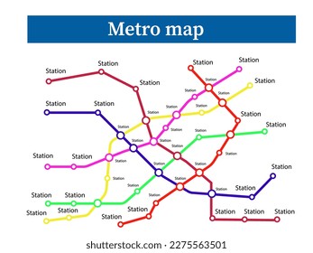 Subway metro map template. Sity transportation plan - metro, train or bus road net. Abstract route concept with stations isolated on white background