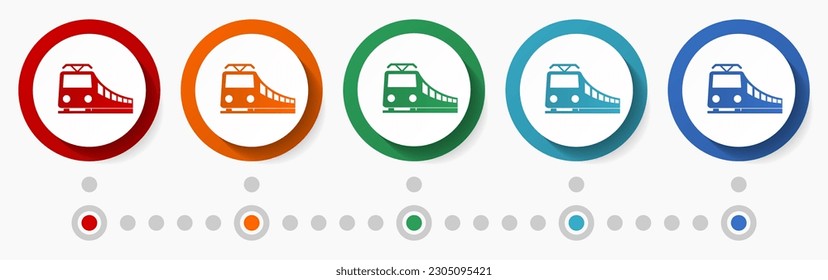 Subway, metro, public transport concept vector icon set, infographic template, flat design colorful web buttons in 5 color options