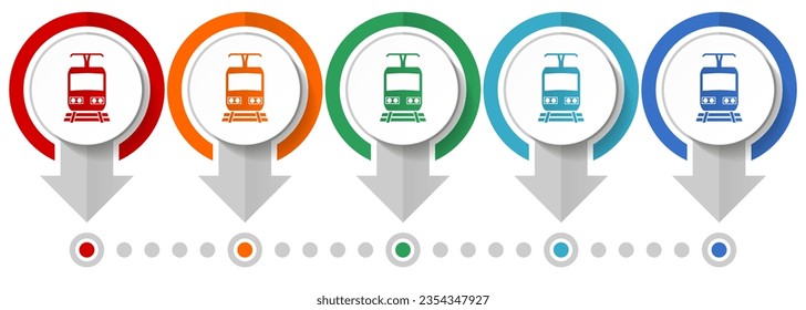 Subway, metro, train vector icon set, flat design infographic template, set pointer concept icons in 5 color options for webdesign and mobile applications