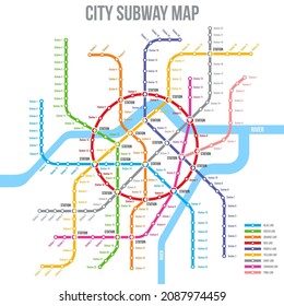 Subway, metro or underground map, city urban railway station lines, vector transport scheme. Subway or metro tube and railway train routes plan for public transport network map template