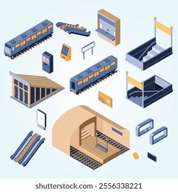 Subway metro underground railway transportation isometric set with entry exit staircases escalator ticket card coach vector illustration