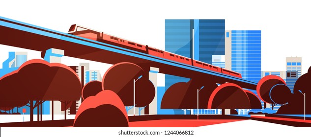 Subway monorail over city skyscraper view cityscape background skyline flat horizontal banner