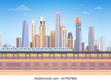 Subway Over City Skyscraper View Cityscape Background Skyline with Copy Space Vector Illustration