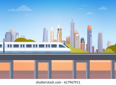 Subway Over City Skyscraper View Cityscape Background Skyline with Copy Space Vector Illustration