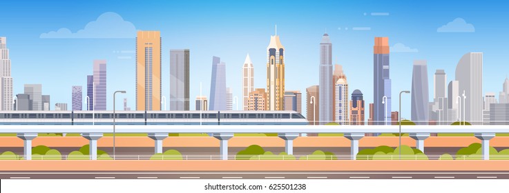 Subway Over City Skyscraper View Cityscape Background Skyline Flat Vector Illustration