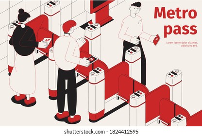 Subway pass isometric composition in black and red color with passengers entering metro station through turnstiles vector illustration