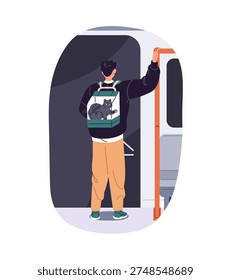 Subway passenger inside carriage with cat in carrier. Person with pet rides a metro train. Boy stands, holds handrail in underground public transport. Flat isolated vector illustration on white