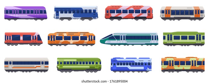 Subway passenger trains. High speed trains, metro ground, underground transport. Passenger transportation vehicles vector illustration icons set. Subway public van, tram metro, urban electric railway