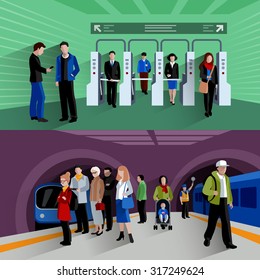 Subway passengers by payment checkpoints at the underground station 2 flat banners  composition abstract isolated vector illustration