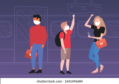 subway passengers in masks protection against influenza epidemic MERS-CoV wuhan 2019-nCoV pandemic health risk public transport full length horizontal vector illustration