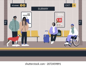 Subway passengers waiting on a platform, winter season, ads and signs