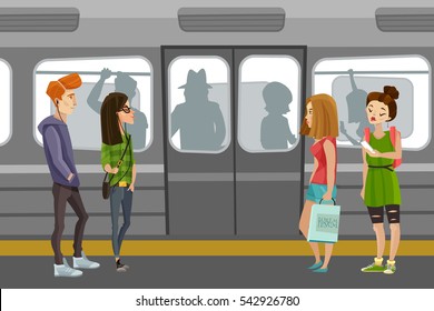 Subway people background with underground train and commuters flat vector illustration