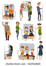 Subway people set with men women and children flat vector illustration 