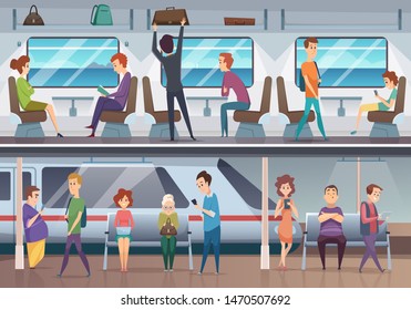 Subway. People waiting train in urban metro underground platform vector background. Train in metropolitan with passenger, commuter inside illustration Subway. People waiting train in urban metro underground platform vector background. Train in metropolitan with passenger, commuter inside illustration