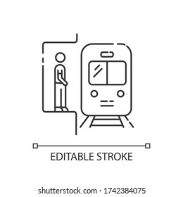 Subway pixel perfect linear icon. Railway station. Platform for passenger to wait for metro train. Thin line customizable illustration. Contour symbol. Vector isolated outline drawing. Editable stroke