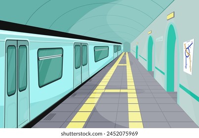 Subway platform interior design. Flat vector illustration. Train station with subway car on railways. Underground, transportation, public transport concept
