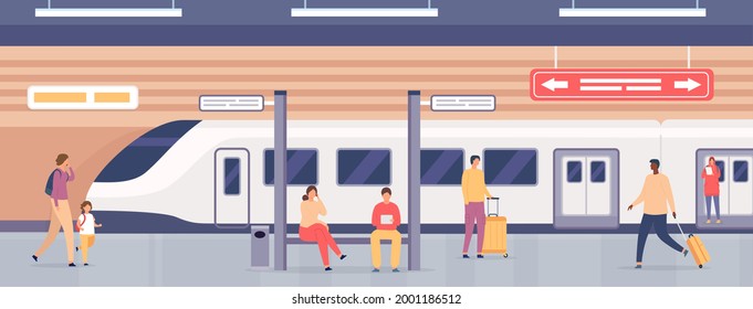 Subway platform with people. Passengers on metro station waiting for train. City underground public railway transport, flat vector concept. Illustration people commuter transportation by railway