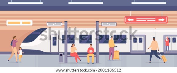 Subway platform with people. Passengers on metro\
station waiting for train. City underground public railway\
transport, flat vector concept. Illustration people commuter\
transportation by\
railway