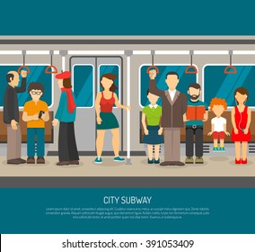 Subway Poster Of Scene Inside Underground Train Carriage With Crowd Of Sitting And Standing Passengers Flat Vector Illustration