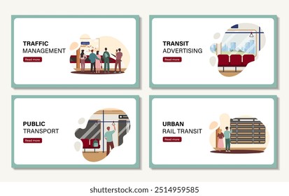 Subway posters set. Traffic management, transit advertising, public transport and urban rail transit. City infrastructure. Landing page design. Flat vector collection isolated on white background
