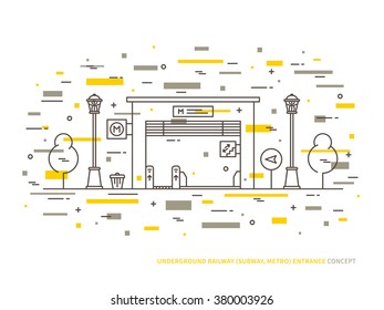 Subway (railroad, underground railway) entrance station gate vector illustration. Underground railway entrance (city, gate) creative line concept. Underground railway entrance station graphic design.