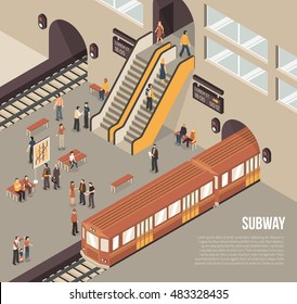 Subway Railway Rapid Transit System Underground Station Isometric Poster With Passengers On Platform And Train Vector Illustration 