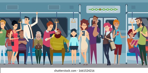 Subway rush hour. Crowd in urban metro daily rushing people going to the work travellers in train with phone and books vector cartoon characters