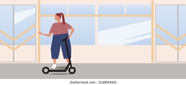 Salón del metro con pasajero con e-scooter, plantilla de espacio de copia. Ilustración de material vectorial plano para superposición. Una mujer sostiene una motocicleta eléctrica en un autobús o en un transporte dentro