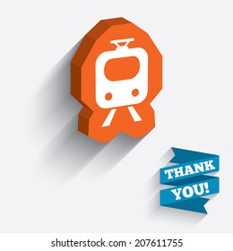 Subway sign icon. Train, underground symbol. White icon on orange 3D piece of wall. Carved in stone with long flat shadow. Vector
