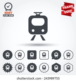 Subway sign icon. Train, underground symbol. Circle, star, speech bubble and square buttons. Award medal with check mark. Thank you. Vector