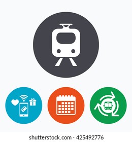 Subway sign icon. Train, underground symbol. Mobile payments, calendar and wifi icons. Bus shuttle.
