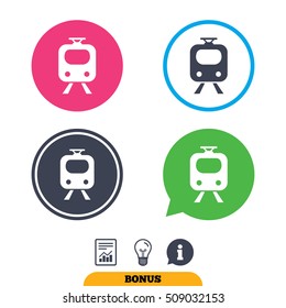 Subway sign icon. Train, underground symbol. Report document, information sign and light bulb icons. Vector