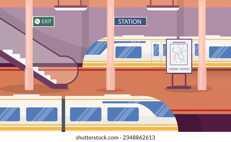 Subway station concept. Trains and staircase. Travel and trip, journey. Urban infrastructure. Rapid transit for people and citizens. Poster or banner. Cartoon flat vector illustration