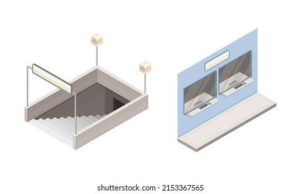 Subway Station Elements Set. Entrance And Ticket Booth. Modern Railway Transport Concept Isometric Vector Illustration