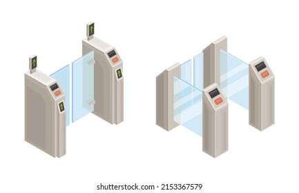 Subway station elements set. Entrance gates. Modern railway transport concept isometric vector illustration