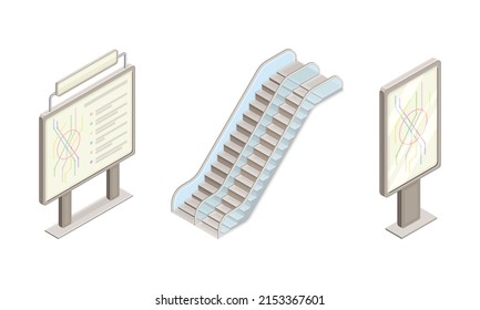 Conjunto de elementos de la estación de metro. Mapa de metro y escaleras mecánicas. Ilustración vectorial isométrica del concepto de transporte ferroviario moderno