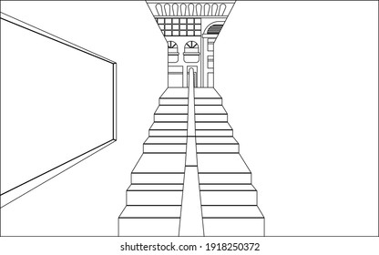 Subway station entrance is opposite the commercial building, vector line building illustration design.