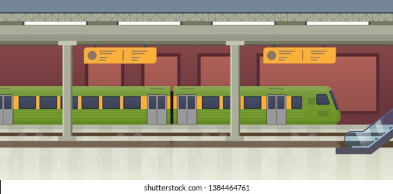 Subway station interior with metro train city public transport, railway platform, train approaching the station. Signs with schedule, signboard and route directions, escalator stairs upward vector