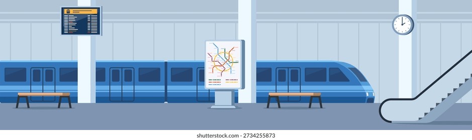 Subway station interior. Train wait for passengers. Modern city infrastructure for citizens. Trip and travel in city. Transport at railroad undeground.