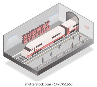 Subway station isometric banner vector template. Passengers waiting on platform, arriving train 3D illustration with lettering. Underground public transport, rail vehicle, urban travel concept