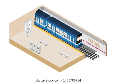 Subway station isometric vector illustration. Empty underground platform, modern city travel system. 3D speed train on railroad tracks. Public urban transportation