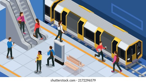 Estación de metro con pasajeros que recorren el tren hacia abajo y hacia arriba ilustración vectorial isométrica de fondo