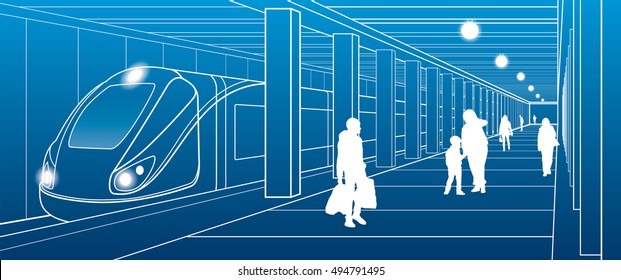 Subway station, people with things got off the train, city scene, transport illustration, white lines on blue background, vector design art