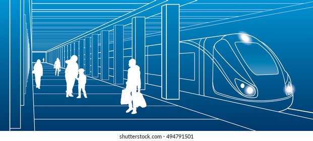 Subway station, people with things got off the train, city scene, transport illustration, white lines on blue background, vector design art